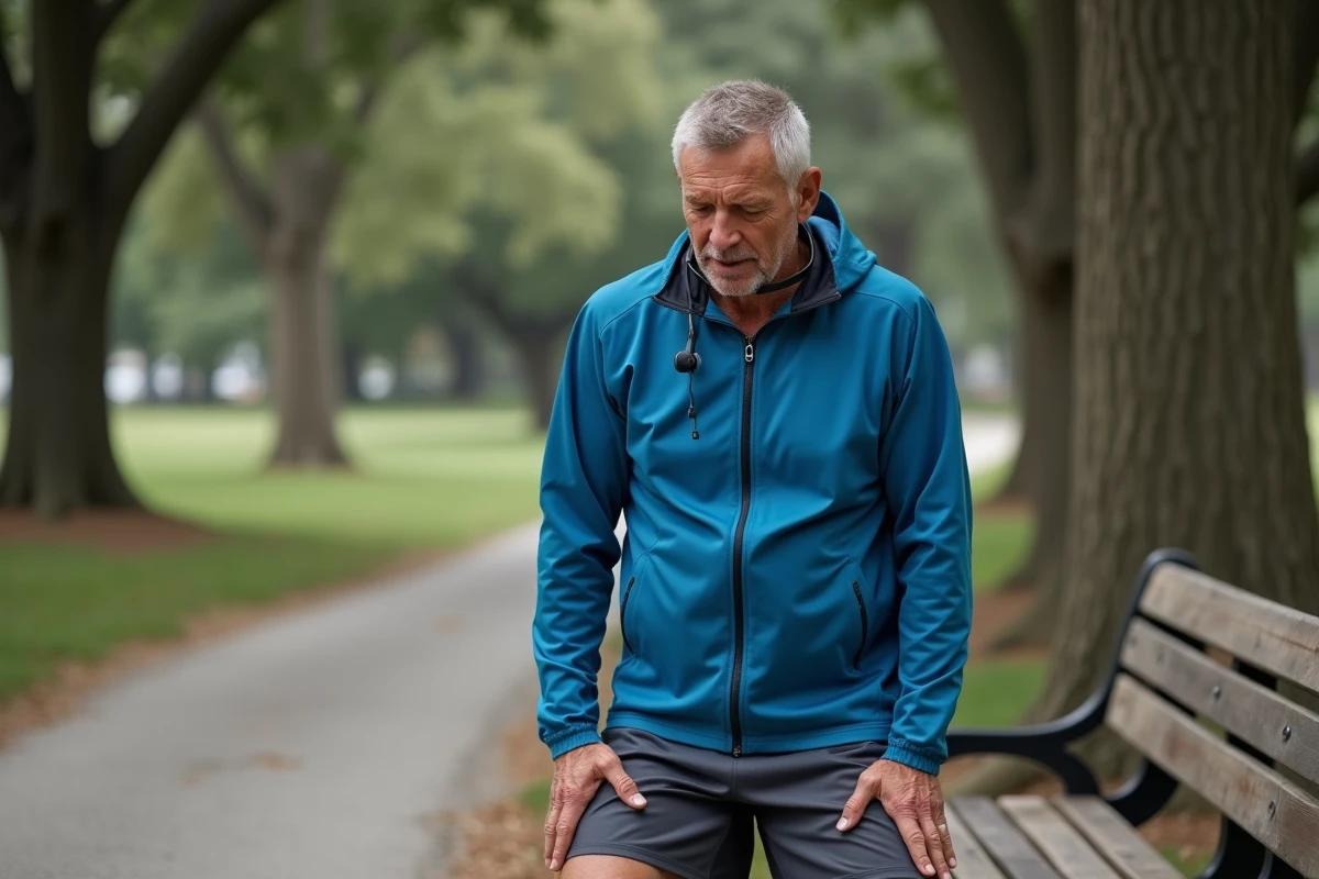 Coureur masculin en pause récupération après un jogging en pause avec expression de frustration face au stagnation de ses performances