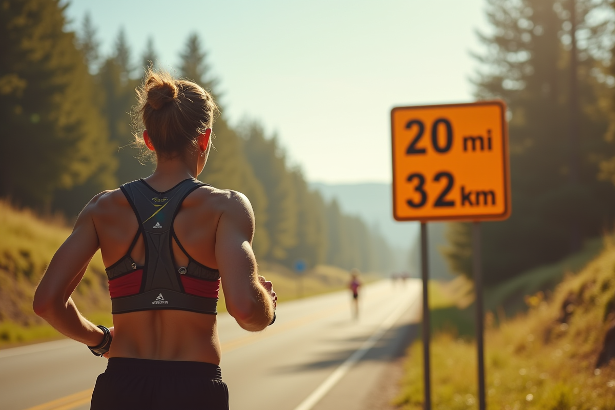 Coureur vérifiant un panneau avec 20 miles et 32 km en extérieur