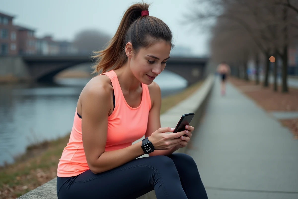 Coureuse analysant ses données de vitesse en min par km sur smartphone assis au bord d'une piste de jogging urbaine