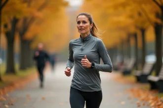 Femme coureuse fatiguée sur un chemin de parc urbain en automne avec montre GPS visible au poignet