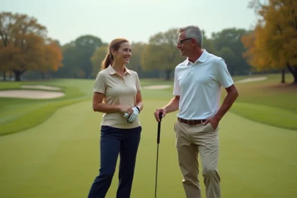 Femme débutante au golf recevant les conseils d'un instructeur professionnel sur un parcours verdoyant