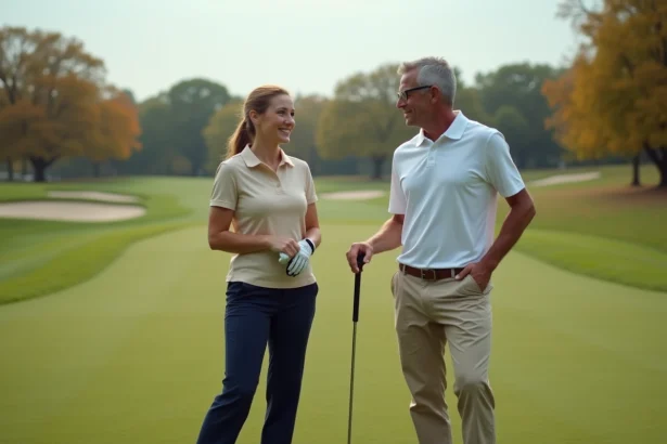 Femme débutante au golf recevant les conseils d'un instructeur professionnel sur un parcours verdoyant