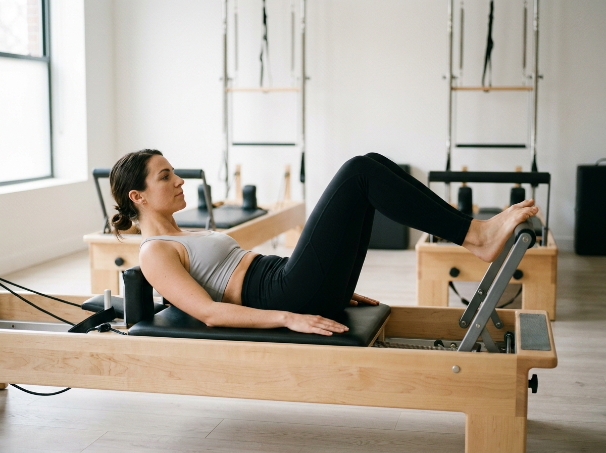 Femme pratiquant le Pilates Reformer dans un studio moderne et épuré lors de son premier cours