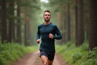 Homme en course à pied dans la forêt en pleine nature