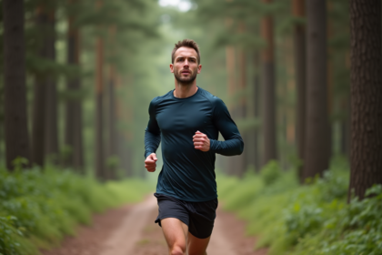 Homme en course à pied dans la forêt en pleine nature
