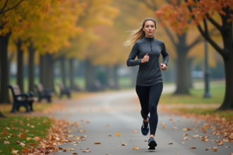 Femme sportive courant dans un parc urbain en automne