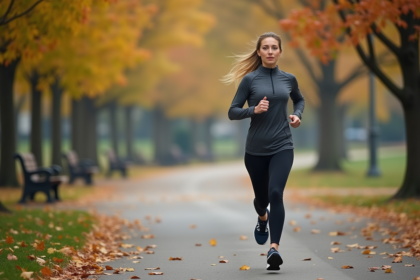 Femme sportive courant dans un parc urbain en automne