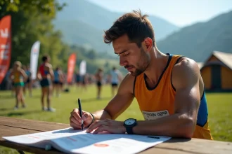 Homme inscrivant son nom lors d'une course en plein air