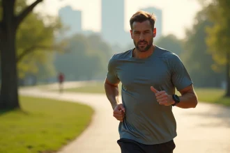 Homme courseur en plein effort dans un parc urbain au matin