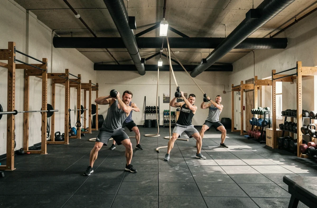 Séance de CrossFit intense dans une box avec des athlètes s'entraînant sur des équipements fonctionnels à CrossFit Orion