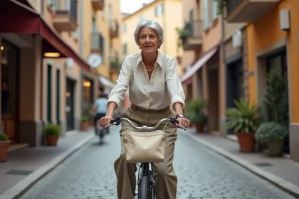 Femme d'une cinquantaine d'années à vélo de ville à frein à rétropédalage sur une rue pavée européenne