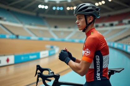 Jeune cycliste en maillot national ajustant ses gants au velodrome