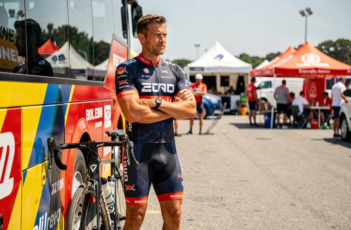 Cycliste professionnel expérimenté posant devant le bus de son équipe WorldTour lors d'une course professionnelle