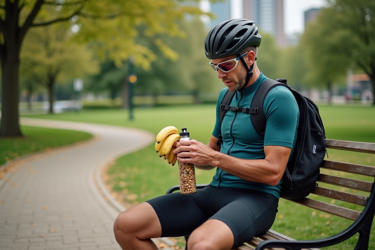 Cycliste urbain déballant des encas dans un parc