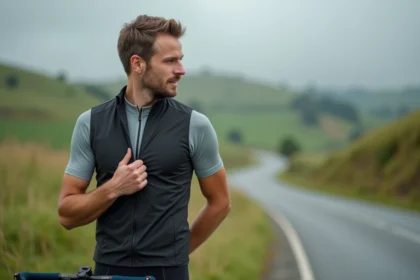 Jeune homme cycliste en gilet sur route verte