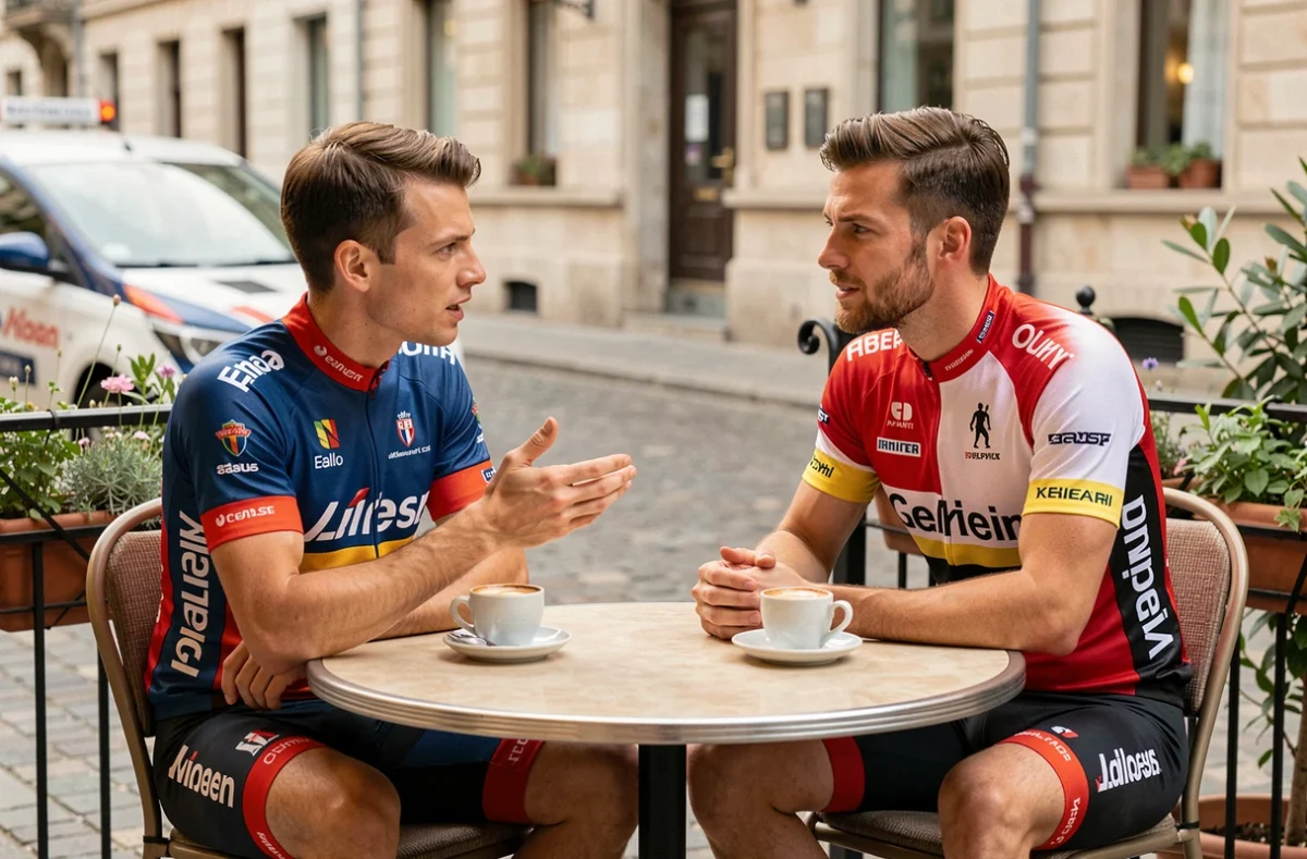 Deux cyclistes professionnels discutant de salaires et de carrière cycliste en terrasse dans une ville européenne
