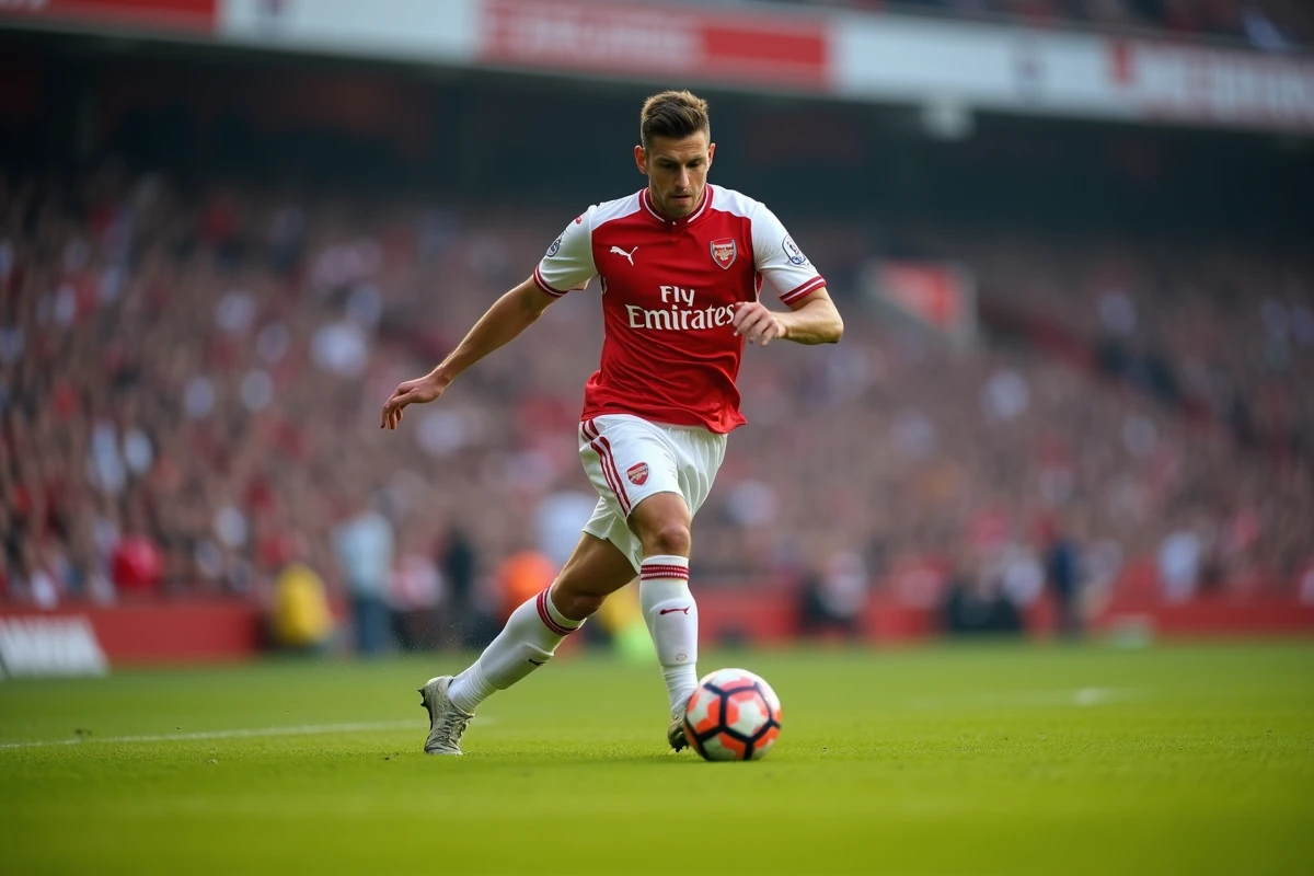 Footballeur professionnel contrôlant le ballon avec l'extérieur du pied en plein match dans un stade rempli, illustrant la technique et l'esthétique du football de Dennis Bergkamp