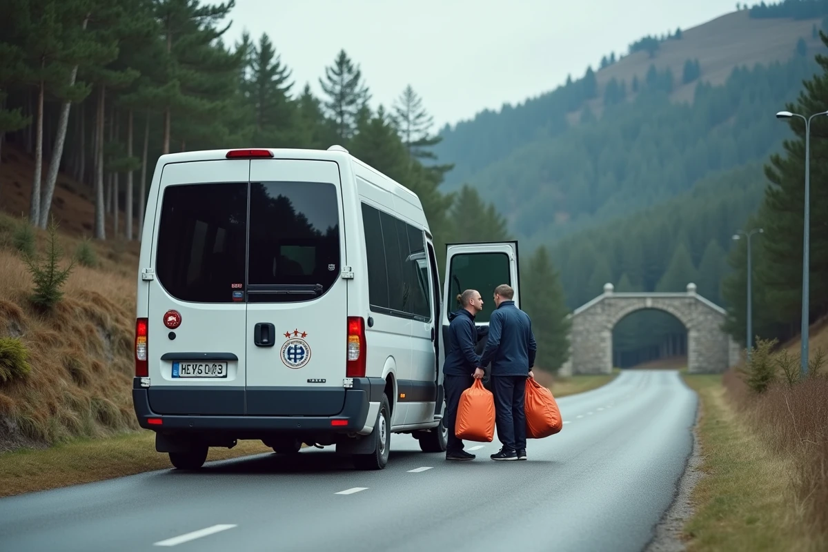 Minibus de club de football amateur chargé avant un déplacement sur route de montagne dans le district Haute-Loire, deux joueurs préparant les bagages