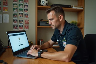 Dirigeant de club amateur connecté au portail Footclub Login FFF sur un ordinateur portable dans un bureau de club de football