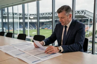 Dirigeant de club de football analysant les documents budgétaires de la Ligue 1 2026 dans une salle de réunion moderne avec vue sur un stade