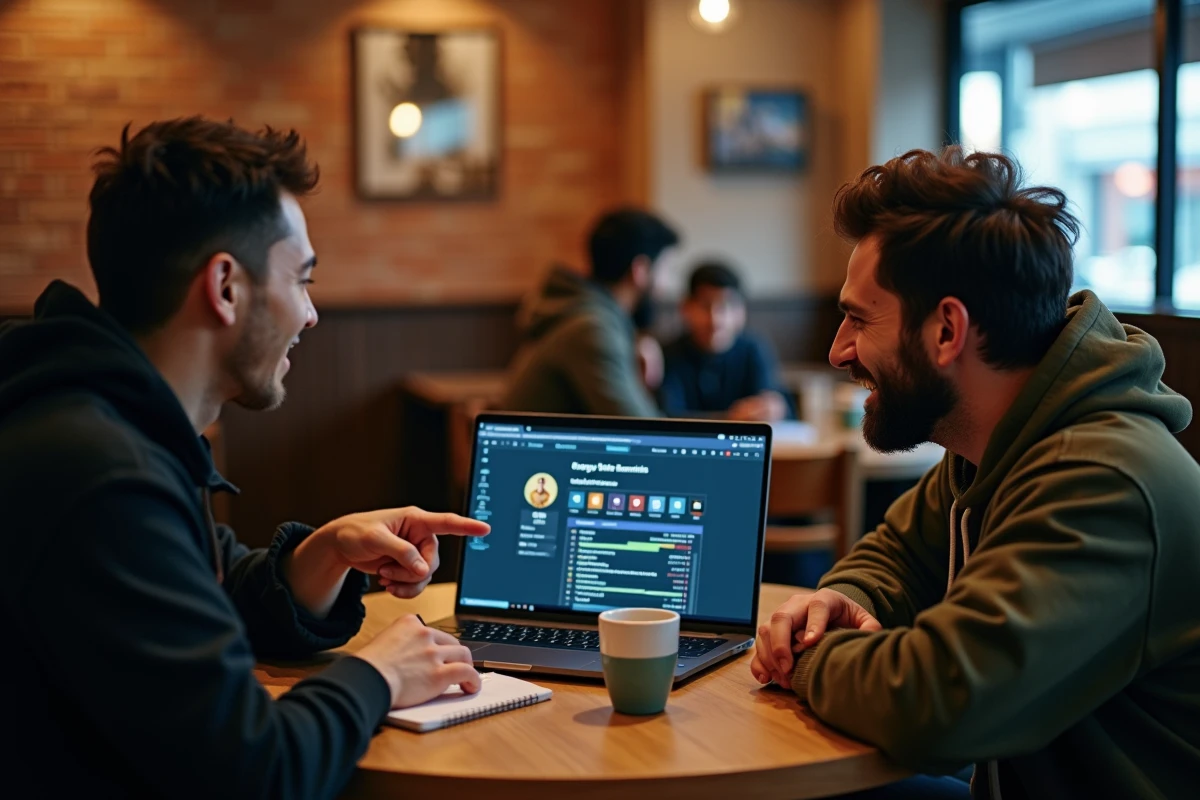 Deux joueurs discutant du système de rangs et du MMR caché de League of Legends autour d'un ordinateur portable dans un café