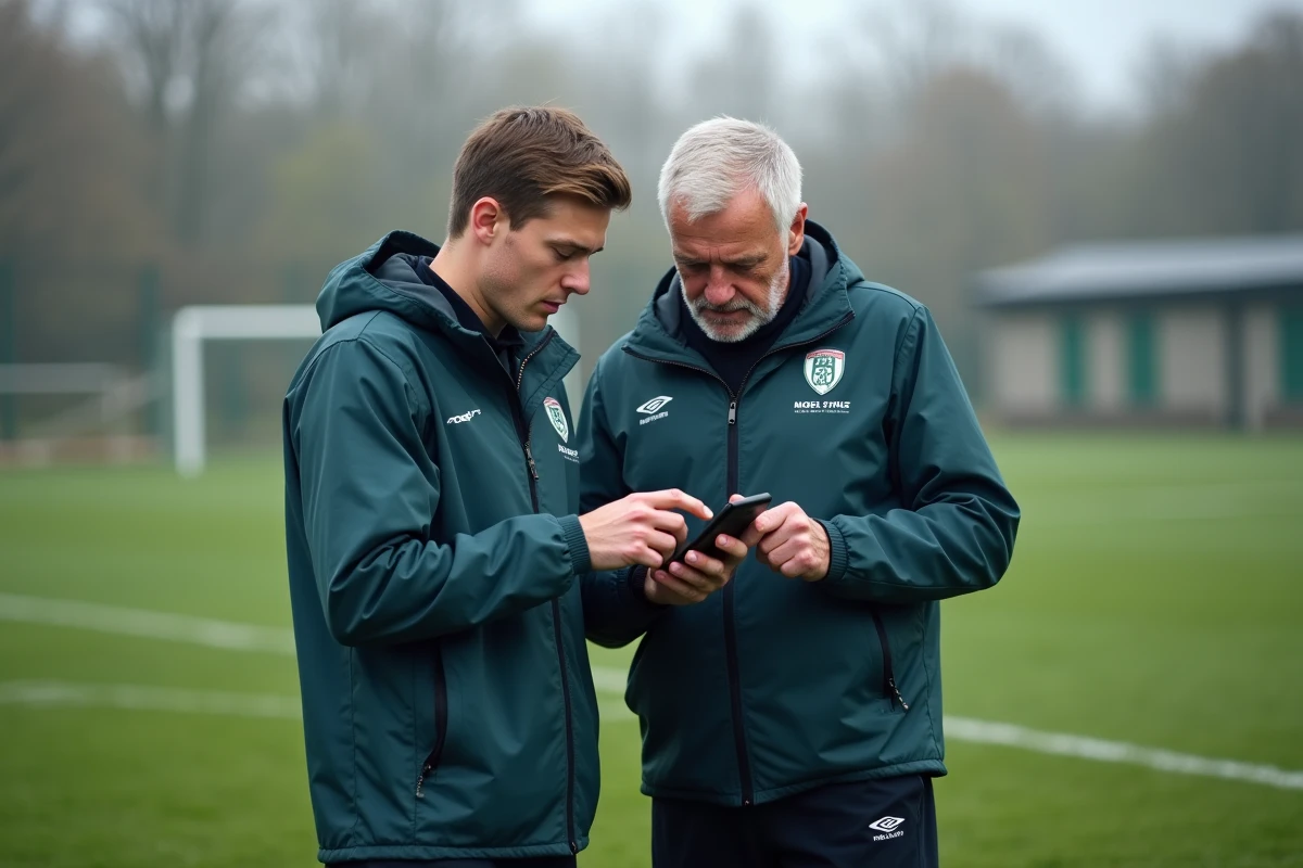 Deux éducateurs d'un club de football amateur consultant l'application Footclub FFF ensemble au bord du terrain