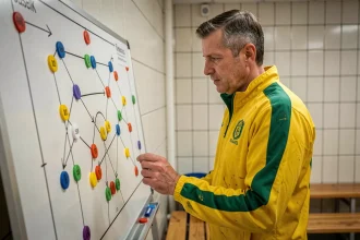 Entraîneur du FC Nantes analysant un tableau tactique dans un vestiaire professionnel
