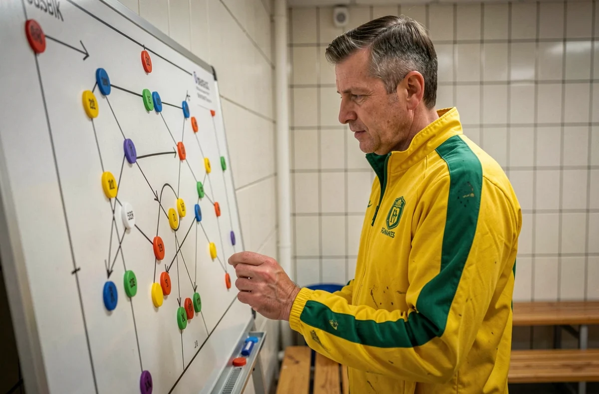 Entraîneur du FC Nantes analysant un tableau tactique dans un vestiaire professionnel