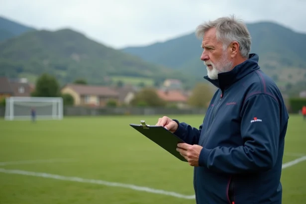 Entraîneur de football amateur en bord de terrain dans le district Haute-Loire, tenant un tableau de bord lors d'une séance de préparation de saison