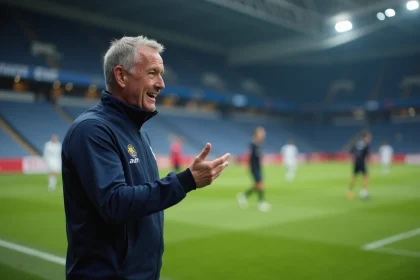Entraîneur de football en tenue d'entraînement donnant des consignes tactiques sur le bord du terrain dans un grand stade professionnel