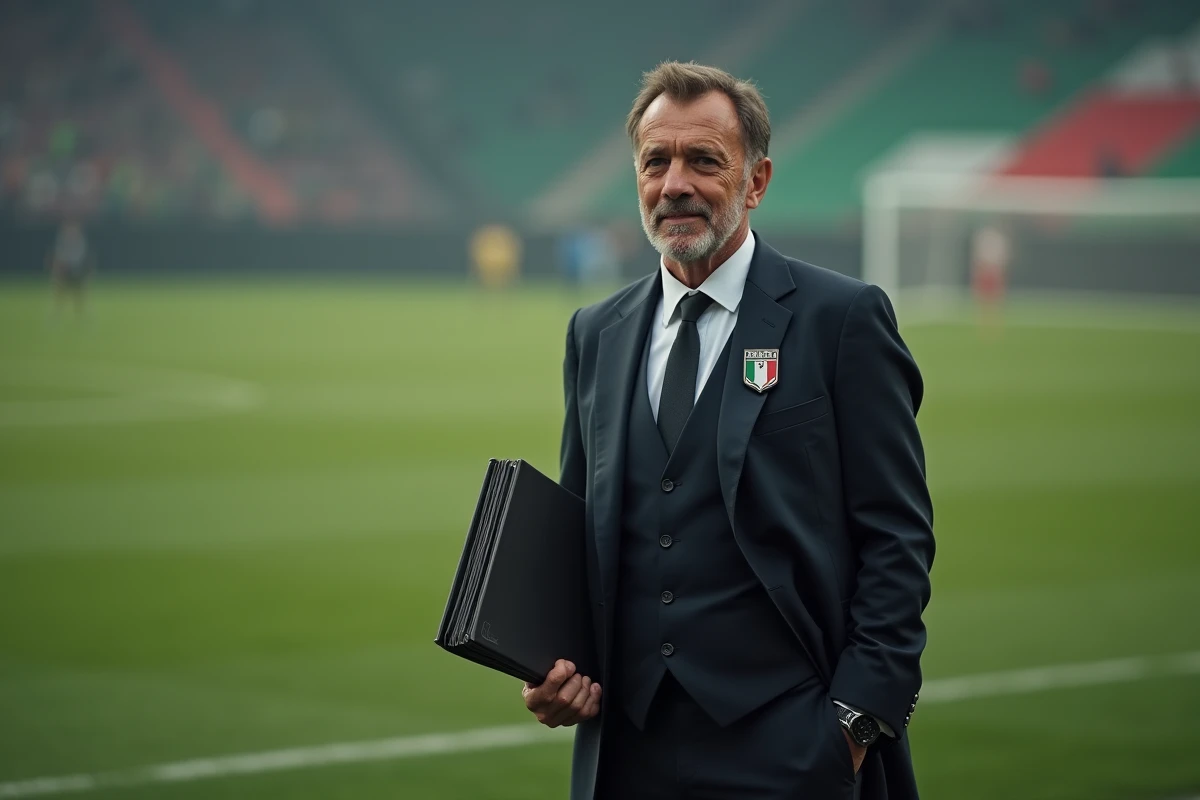 Entraineur italien en costume avec tableau tactique sur le bord du terrain