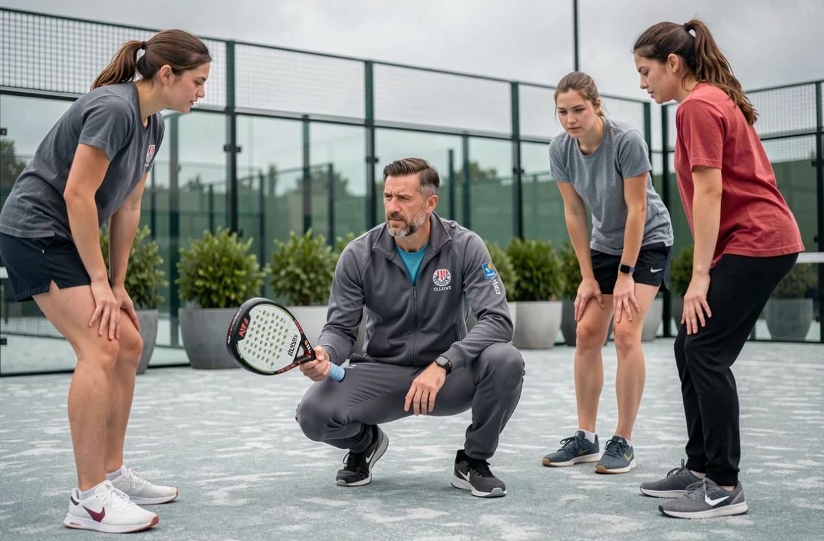 Entraîneur de padel expliquant une technique de grip à un groupe d'adultes lors d'une séance collective sur un complexe de courts extérieurs, illustrant un accompagnement pédagogique structuré pour progresser au padel
