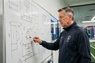 Entraîneur du PSG analysant la composition tactique de son équipe devant un tableau de formation pour la saison 2026