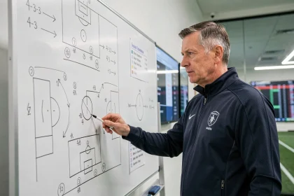 Entraîneur du PSG analysant la composition tactique de son équipe devant un tableau de formation pour la saison 2026