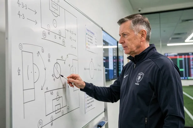 Entraîneur du PSG analysant la composition tactique de son équipe devant un tableau de formation pour la saison 2026