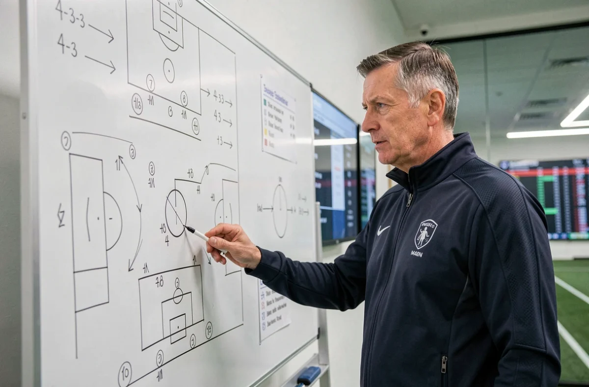Entraîneur du PSG analysant la composition tactique de son équipe devant un tableau de formation pour la saison 2026