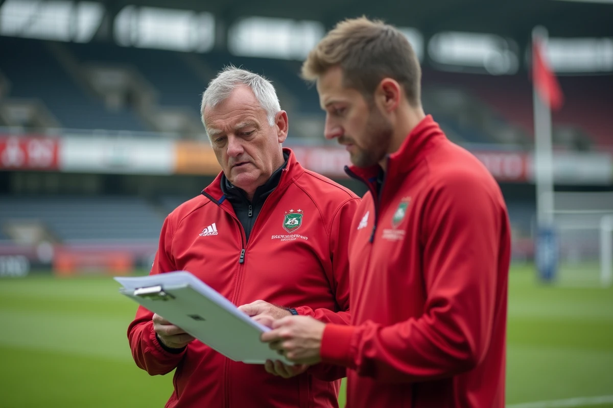 Entraîneur de rugby examinant les statistiques de classement en bord de terrain lors de la saison Fédérale 2026