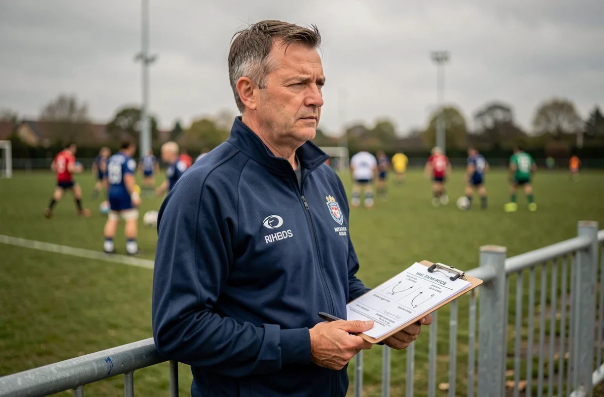 Entraîneur de rugby Fédérale 2 sur le bord du terrain analysant la tactique avant les phases finales