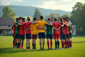 Groupe de joueurs de football en équipe colorée sur le terrain