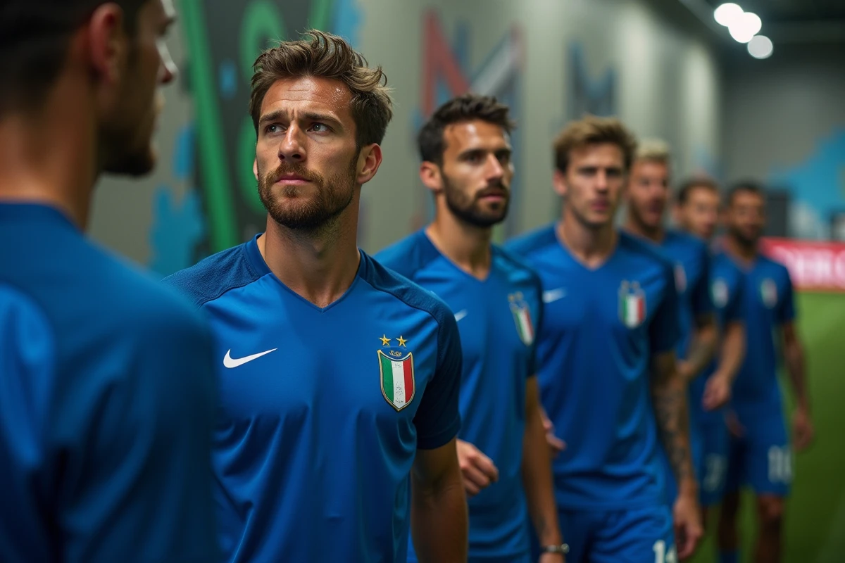 Groupe de joueurs italiens en uniforme dans le tunnel du stade