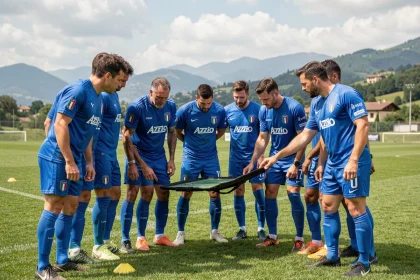 Joueurs de l'équipe nationale italienne de football en maillot bleu Azzurri discutant d'une tactique avec leur entraîneur lors d'un entraînement