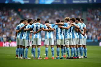 Joueurs de l'équipe nationale argentine en cercle tactique sur le terrain lors d'un match officiel