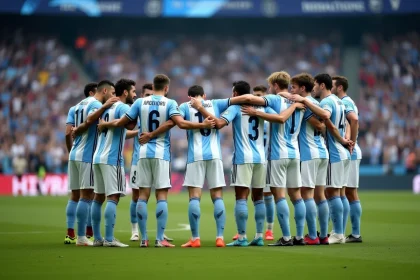 Joueurs de l'équipe nationale argentine en cercle tactique sur le terrain lors d'un match officiel