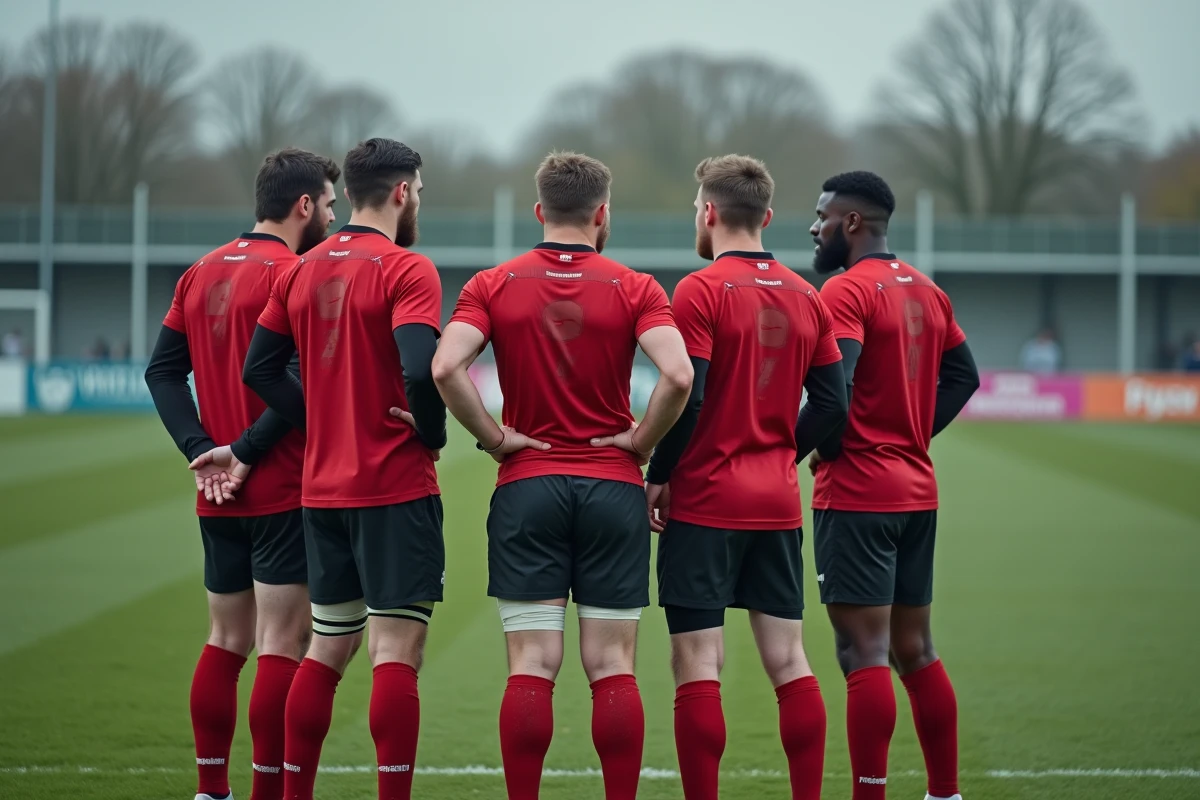 Groupe de joueurs de rugby Fédérale 2 en discussion tactique avec leur entraîneur en bord de terrain