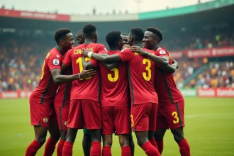 Jeunes footballeurs congolais en célébration sur le terrain