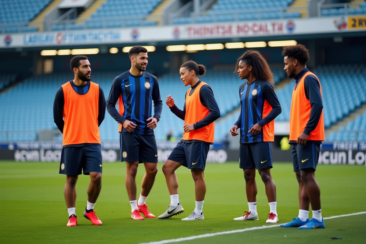 Groupe de joueurs de football en zone technique en extérieur