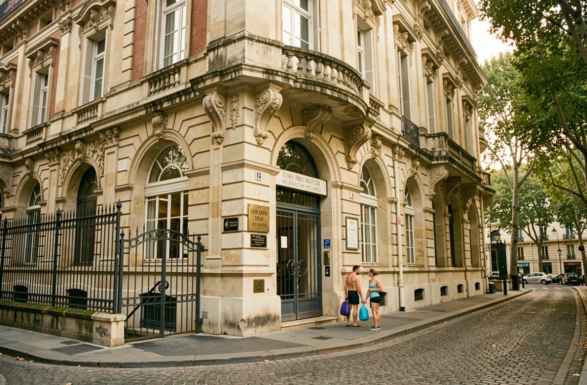 Façade de la piscine de la Butte aux Cailles à Paris avec nageurs attendant à l'entrée un matin de semaine