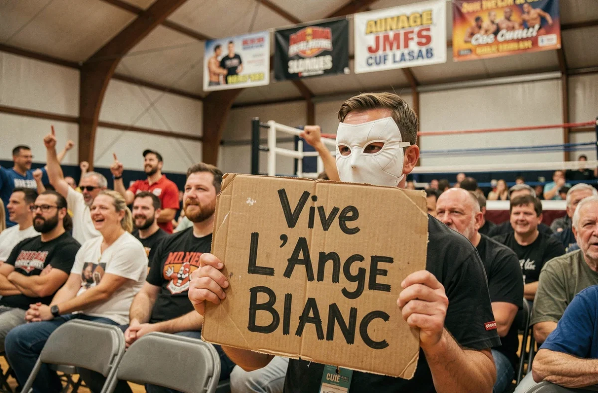 Fan de catch français portant un masque blanc inspiré de l'Ange blanc lors d'un événement de catch en salle en France