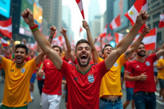 Groupe de supporters en maillots colorés lors de la Coupe du Monde 2025