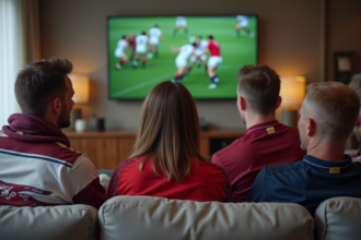 Groupe de fans de rugby dans un salon convivial